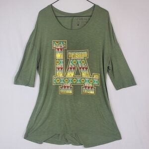 LOL VINTAGE Olive Tee Tshirt Metallic "LA" Short Sleeve Cotton Graphic Scoop Lrg
